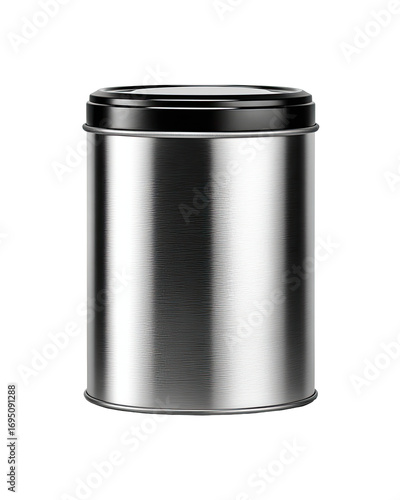 Metallic cylindrical tin can with black lid