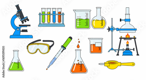 Vibrant science lab setup with colorful test tubes, flask, and thermometer for educational materials