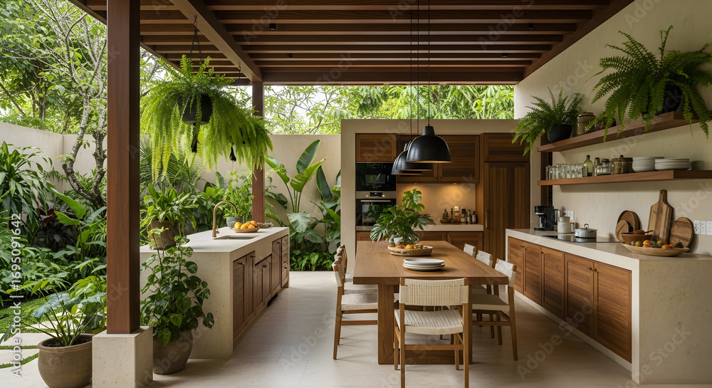 Fototapeta premium Exquisite Outdoor Kitchen Dining Area With Lush Greenery And Contemporary Design