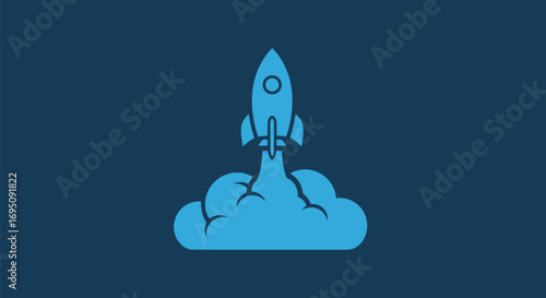 Blue Rocket Launching from Cloud: Startup Concept.
