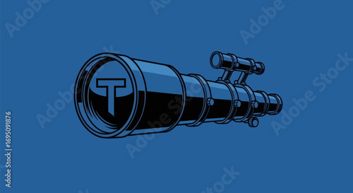 Dark blue telescope with a prominent T logo on its lens symbolizing observation and discovery.
