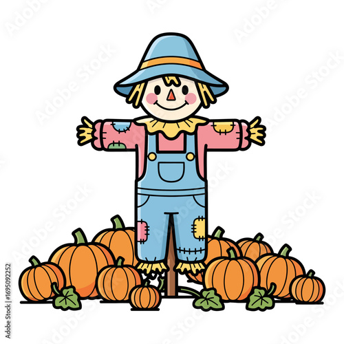 Cartoon Scarecrow with Pumpkins Illustration