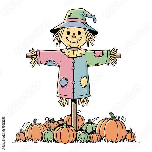 A charming and colorful scarecrow illustration with a friendly smile, standing amidst a bountiful collection of vibrant autumn pumpkins, celebrating the spirit of harvest and fall seasons