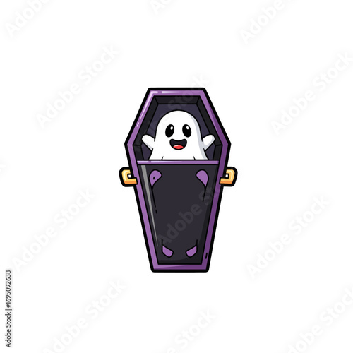 Cute cartoon ghost emerging from a purple coffin with a friendly expression