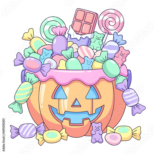 A cute kawaii Jack-o-lantern pumpkin bucket overflowing with colorful pastel Halloween candy and sweets