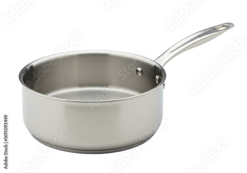 Isolated stainless steel saucepan for cooking, kitchenware item with modern handle design