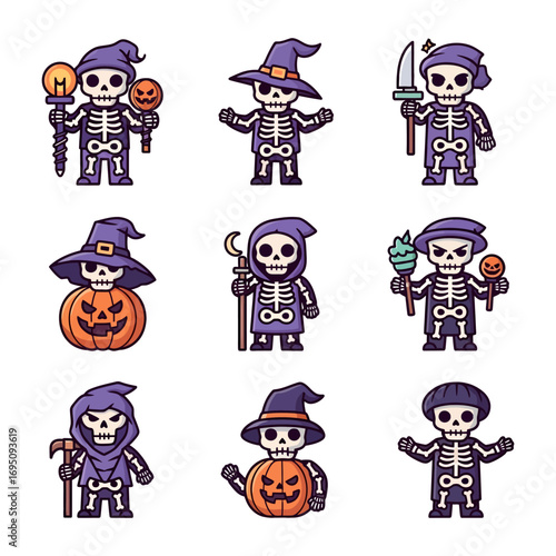 Halloween Cartoon Skeleton Characters in Various Costumes and Poses