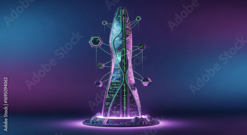 Futuristic city tower neon glow skyscraper architecture modern design building urban landscape scifi structure
