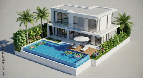 Modern house design with pool deck and palm trees, luxury home architecture and landscape design rendering visual
