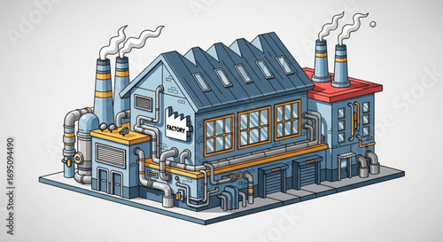Isometric factory illustration industrial building vector design manufacturing plant with chimneys and pipes