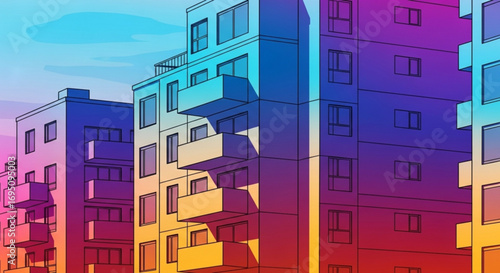 Colorful cartoon apartment buildings cityscape vector illustration for urban design and architecture projects
