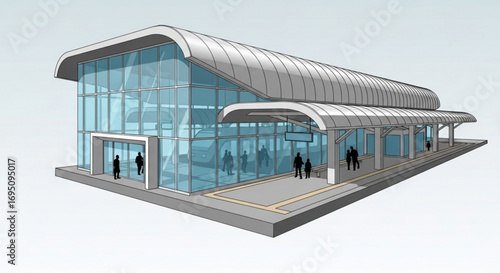 Modern train station design with glass facade and curved roof for transit and transportation projects model render