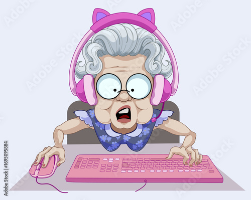 Funny granny. Funny granny sits at the computer. Granny-gamer. Granny is a user. Vector illustration. Cartoon.