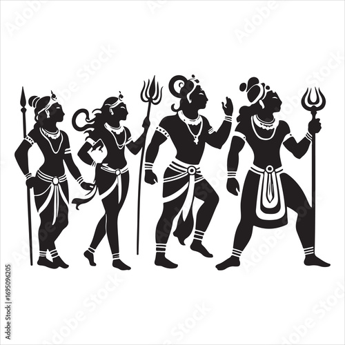 Spiritual Icons Hanuman, Rama, and Sita Silhouettes , black colour vactor 