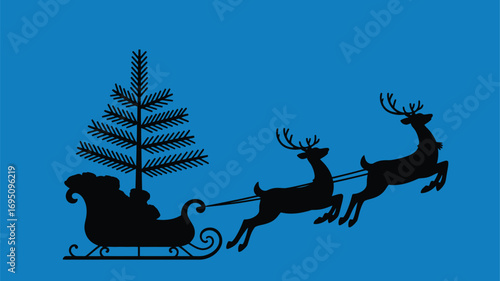 Magical Santa sleigh pulled by reindeer with Christmas tree soaring through winter sky