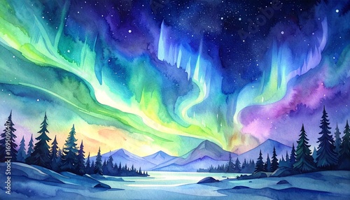 Hand-painted digital watercolor of aurora lights flowing across night sky
