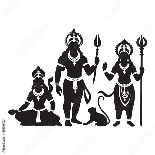 Spiritual Icons Hanuman, Rama, and Sita Silhouettes , black colour vactor 