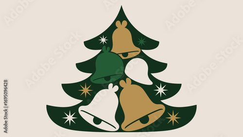 Festive Christmas tree adorned with golden, green, and white bells and sparkling stars