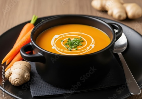 Delicious carrot and ginger soup in a black bowl, garnished with chives and cream