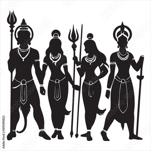 Spiritual Icons Hanuman, Rama, and Sita Silhouettes , black colour vactor 