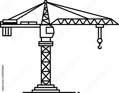 Black and white vector line art of a construction tower crane with hook, industrial lifting machinery for building projects and architectural engineering.