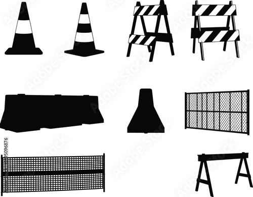 Black silhouette vector illustration of construction safety equipment including traffic cones, barricades, fences, and road barriers for construction and safety projects.