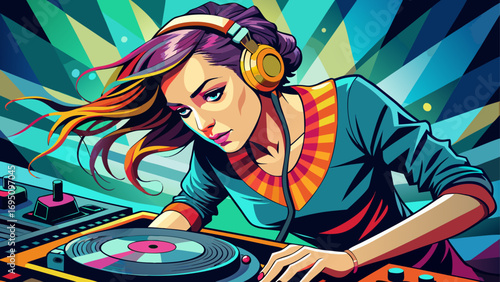 Close-up portrait of female DJ adjusting record on turntable. Isolated background symbolizes style, passion, and vibrant musical creativity.