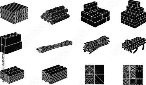 Construction Materials Vector Icons – Wood Planks, Logs, Bricks, Concrete Blocks, Rebar, Roofing Tiles, Decorative Floor Tiles – Building Supplies