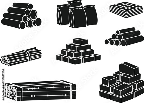 Construction Materials Vector Set – Cement Bags, Bricks, Timber Logs, Steel Rods, Plywood Sheets, and Building Supplies for Construction and Architecture
