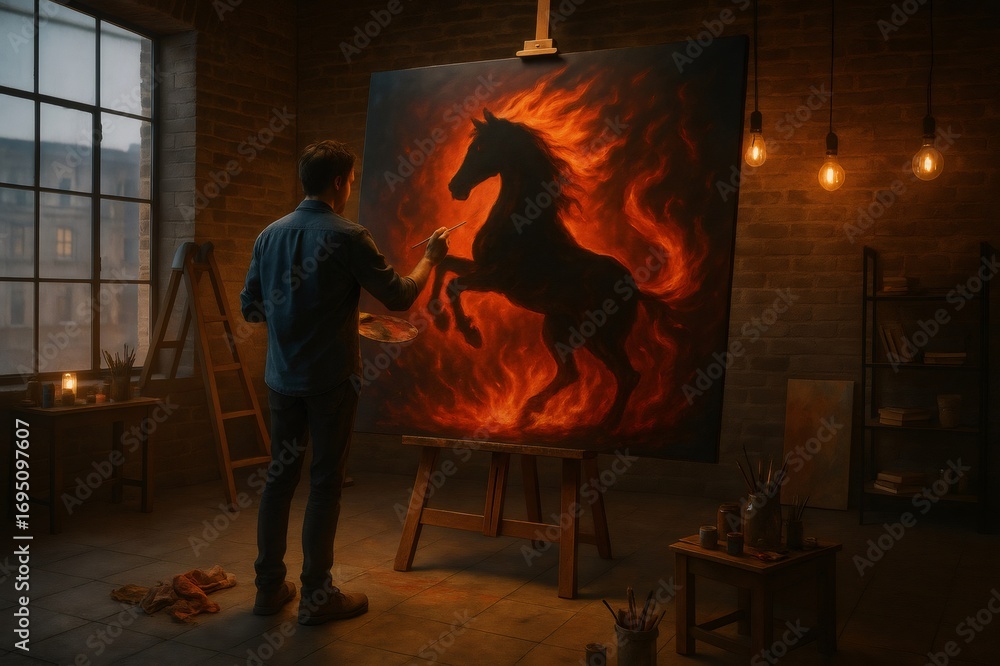Fototapeta premium Talented artist painting a powerful horse silhouette engulfed in flames, showcasing artistic skill and passion within a cozy art studio