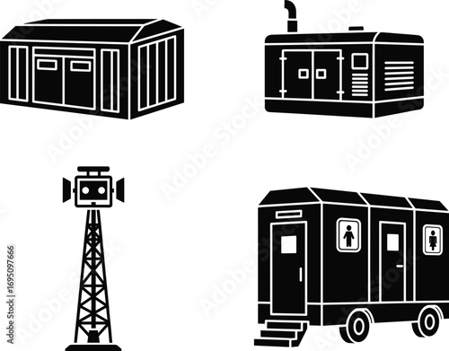 Construction Site Equipment Vector Icons Set – Portable Generator, Temporary Building, Mobile Restroom Trailer, and Floodlight Tower Silhouettes for Industry