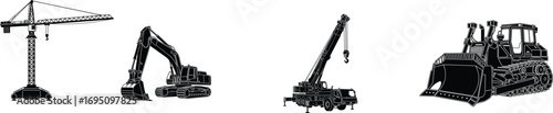 Detailed black silhouette vector illustration of heavy construction machinery including tower crane, excavator, mobile crane, and bulldozer for industrial use.