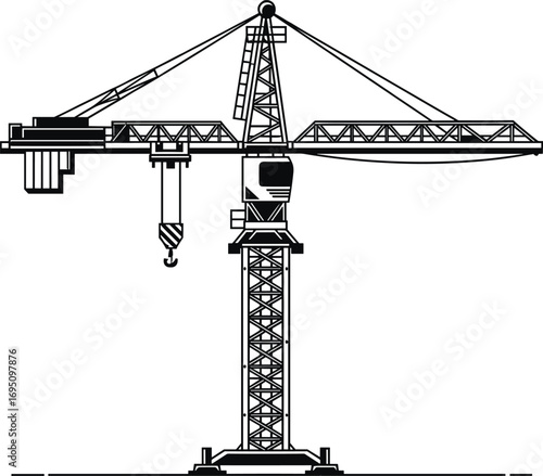 Detailed vector illustration of a construction tower crane with hook, heavy industrial lifting equipment, architectural and engineering design for building projects.