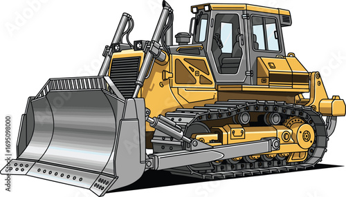Detailed vector illustration of a yellow bulldozer with a large metal blade, hydraulic arms, and tracked wheels used for construction and earthmoving tasks.
