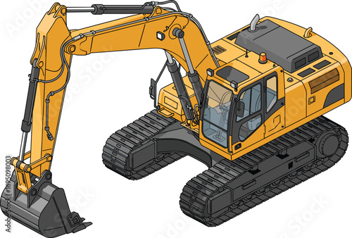 Detailed vector illustration of a yellow and black tracked excavator with an articulated arm and bucket, used in construction and earthmoving operations.