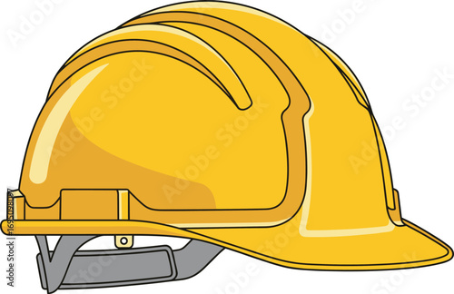 Detailed yellow construction hard hat illustration, safety helmet with adjustable strap, protective headgear for industrial workers, engineers, and builders on site.