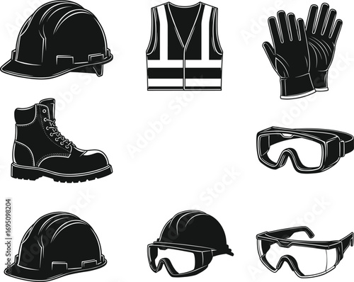Essential Construction Safety Equipment Icons Set – Vector Illustration of PPE Gear Including Helmet, Boots, Gloves, Goggles, Vest, and Protective Glasses