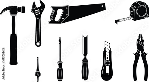 Hand Tools Silhouettes – Hammer, Adjustable Wrench, Saw, Measuring Tape, Screwdrivers, Utility Knife, Pliers Vector Icons for DIY and Construction