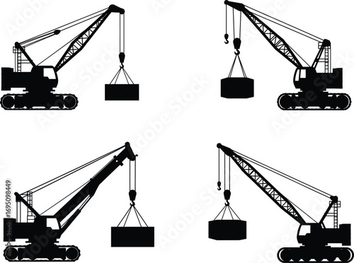 Heavy Construction Crane Silhouettes Lifting Building Materials Vector Set – Industrial Crane Equipment for Construction, Engineering, and Heavy-Duty Lifting Projects