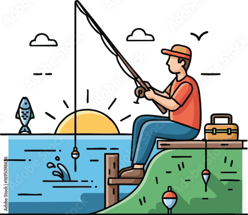 Create Man fishing icon vector illustration. Leisure activity concept.