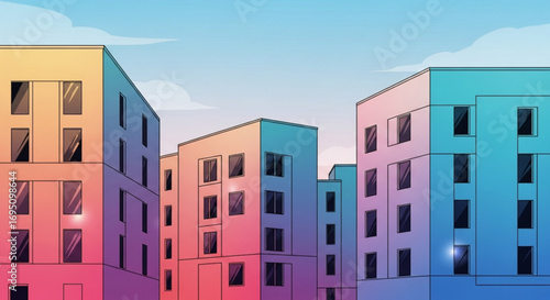 Illustration of a modern city with colorful buildings and a bright sky, creating a vibrant and urban landscape