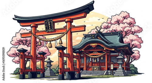 Illustration of a traditional japanese shrine with a torii gate and cherry blossoms