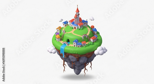Cartoon illustration of a floating island with a village on top