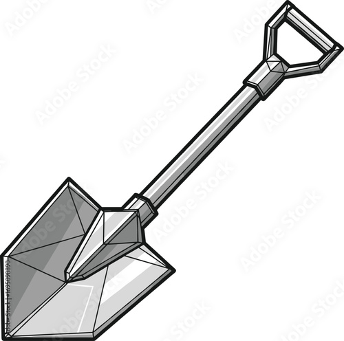Illustration of a metal shovel with a pointed blade and D-shaped handle, featuring clean geometric shading, suitable for gardening, digging, or construction.
