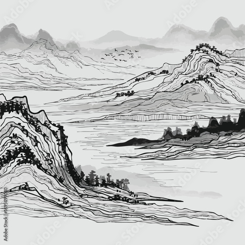create need Abstract Black and White artistic Line background of Ink Landscape Decoration painting.