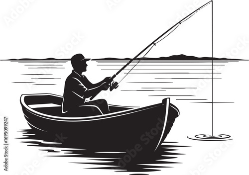 create need Vector image of fisherman in boat with fishing rod in his hands. Silhouette.