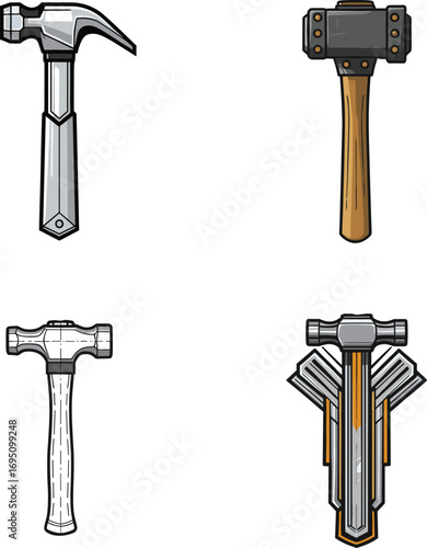 Illustration of four distinct hammer types, featuring claw hammer, sledgehammer, mallet, and a stylized hammer with multiple handles and metal heads.