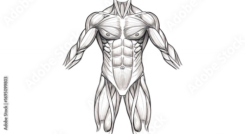Anatomical illustration of human muscular system in technical drawing style