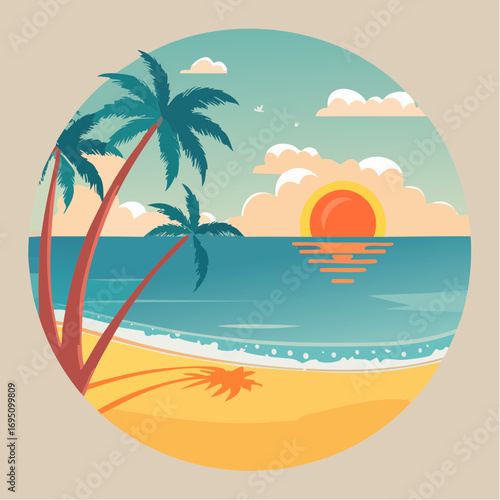 Icône ronde représentant plage et cocotiers