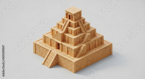 Isometric 3d render of a ziggurat, a stepped pyramid structure, showcasing its architectural design